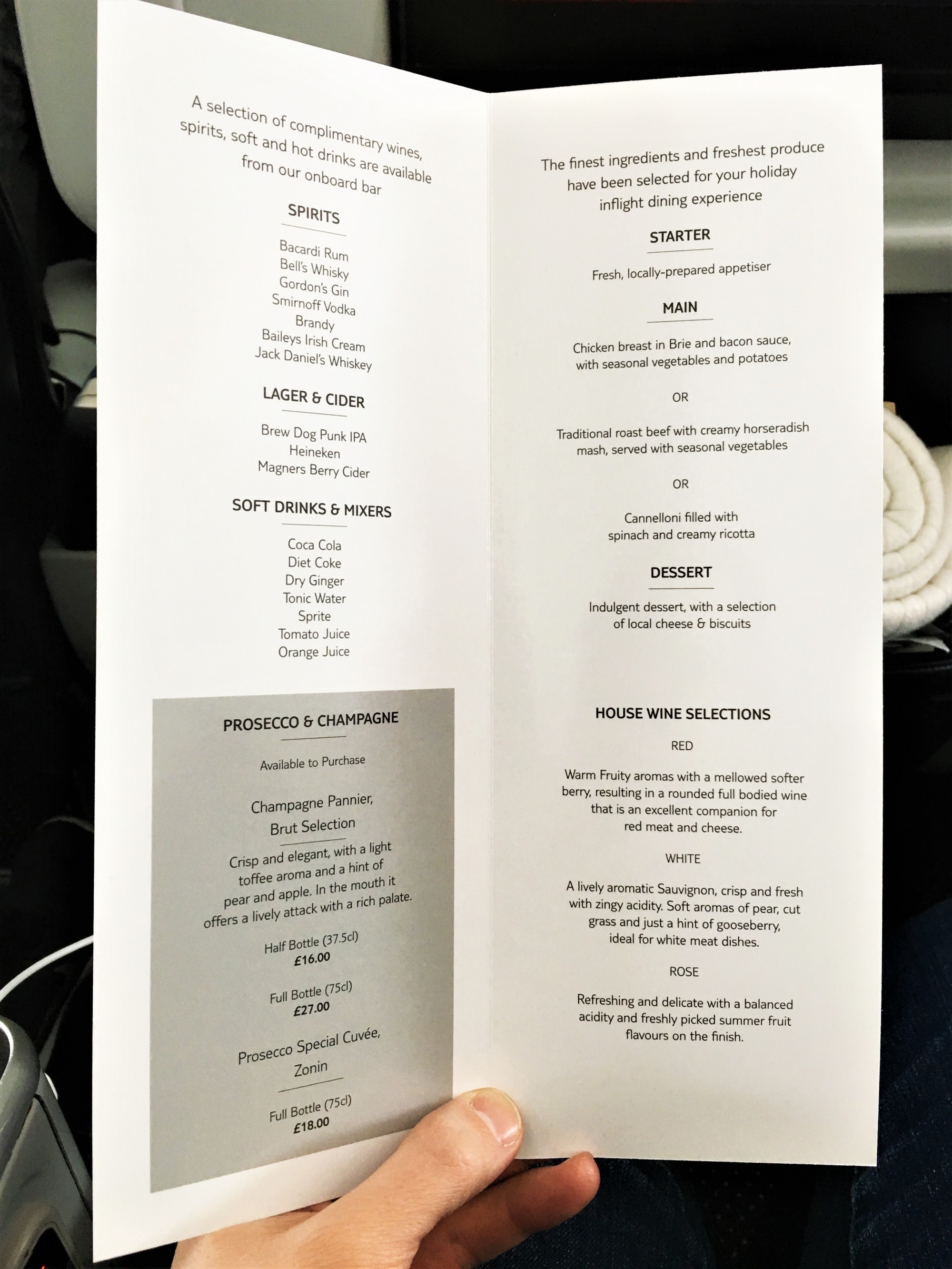 TUI Premium Dining Menu on the Dreamliner